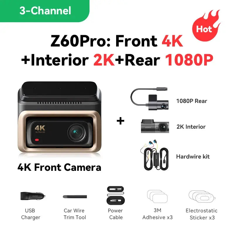 DDPAI Z60 Pro 4K Front Dash Cam with 2K Interior & 1080P Rear, gold-trim front unit by Simples Market