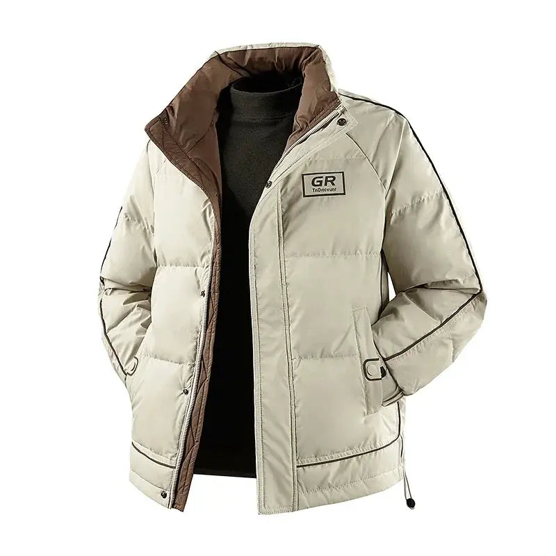 Simples Market winter men's white duck down jacket, windproof puffer with brown collar and quilted panels