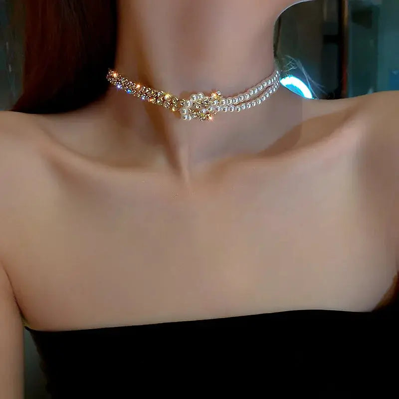 pearl choker necklace, gold-tone double-strand with crystal pendant