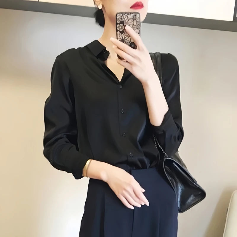 All Match Satin Finish Blouse For Women Turn Down Collar Three Quarter Sleeves Office And Casual Wear