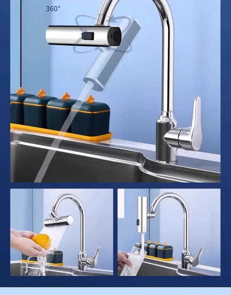 Simples Market kitchen faucet chrome finish with splash-proof nozzle and three-mode spray, 360° swivel.