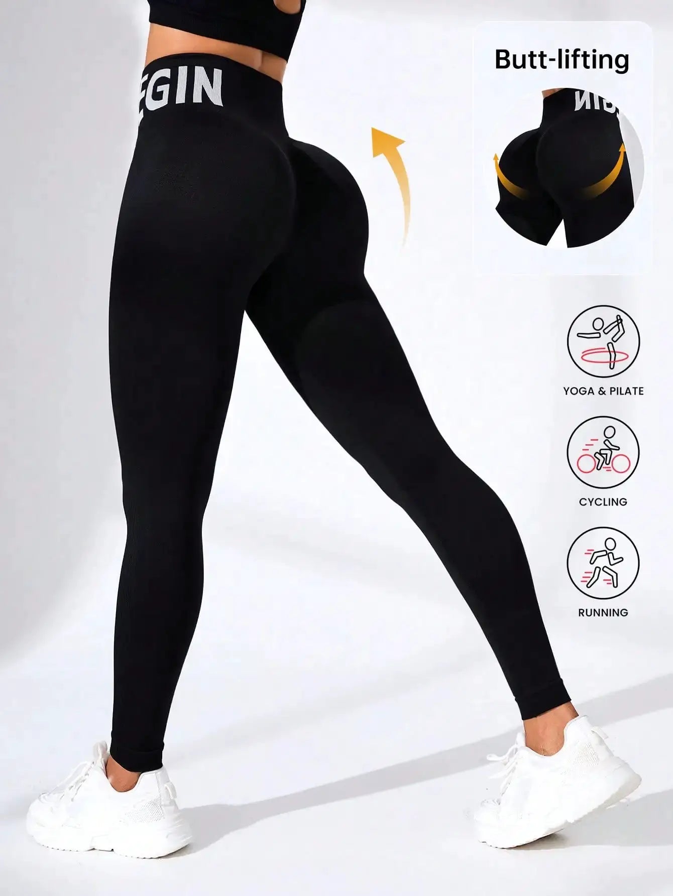 Simples Market black seamless yoga leggings with waistband lettering, butt-lifting, quick-dry breathable tights for women