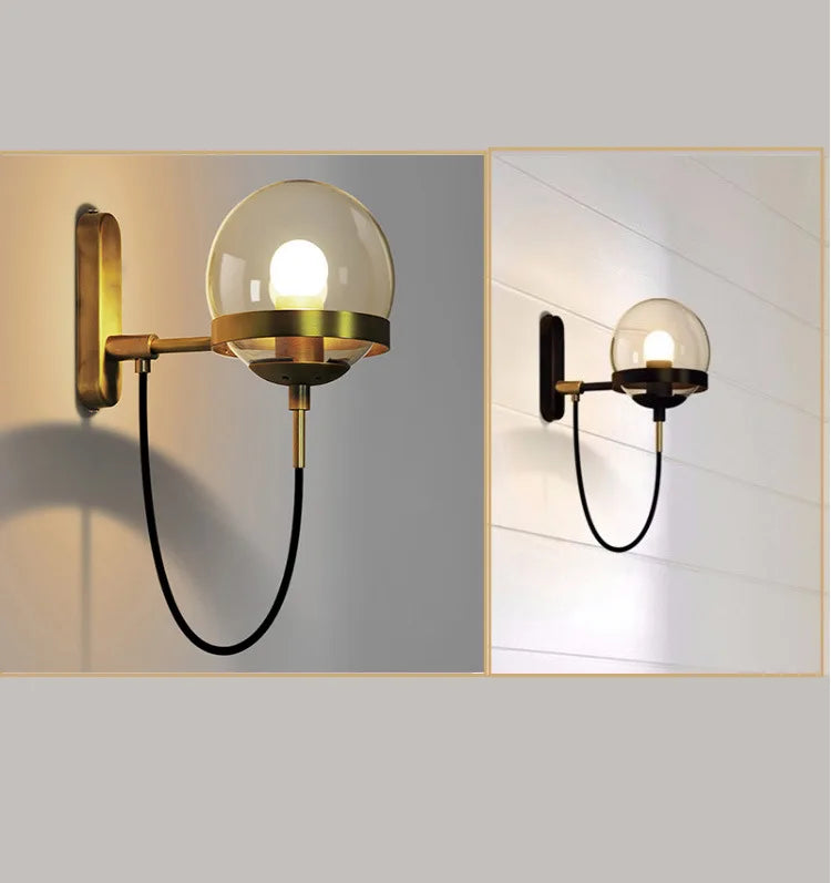 Modern glass ball wall lamp with brass finish and black cord, E27 base for living room or bedroom