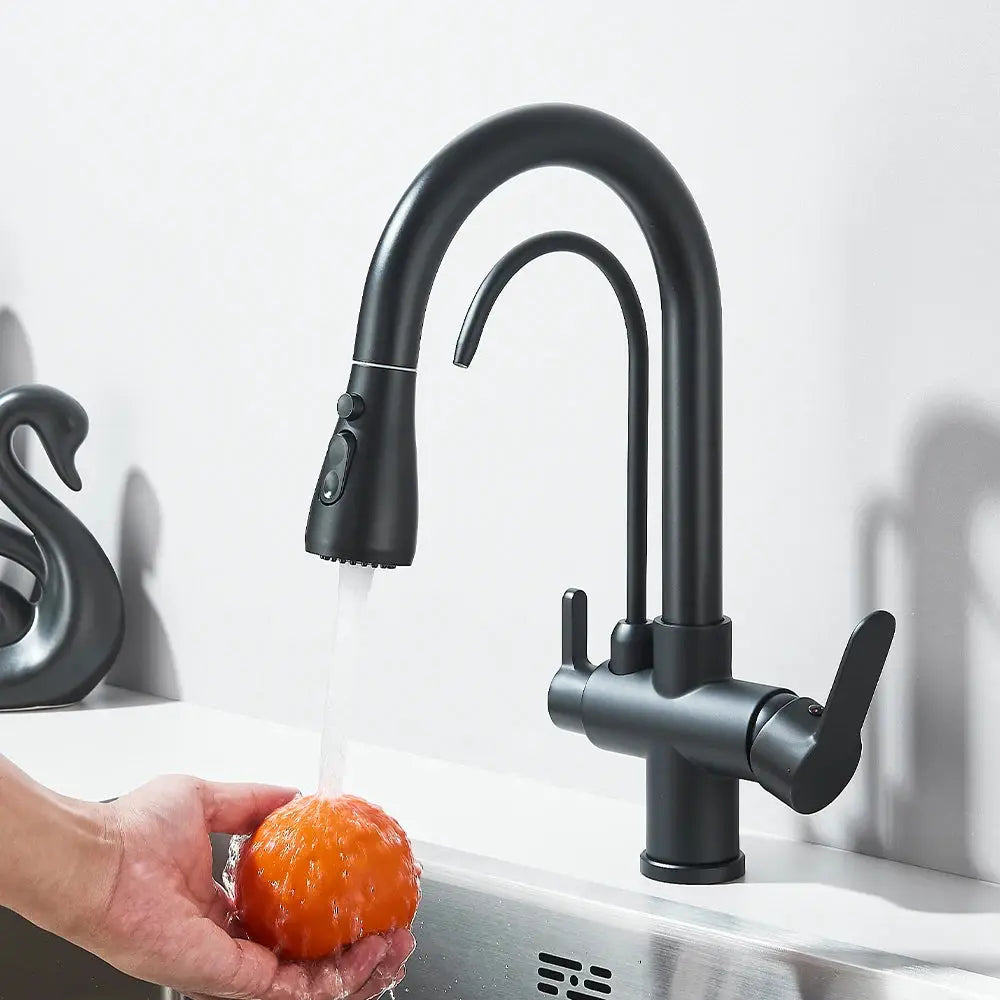 Kitchen pull-out faucet black brass purifier with 360° rotation and dual spray