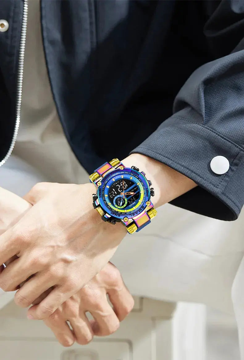 SMAEL 8141 men's digital sport watch with alloy case and rainbow-colored band, featuring alarm and stopwatch