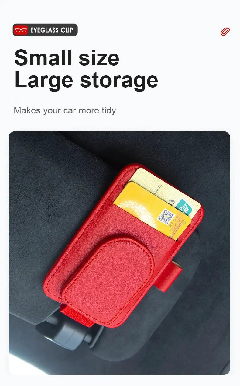 Red leather car sun visor sunglasses holder with card slots and magnetic clip
