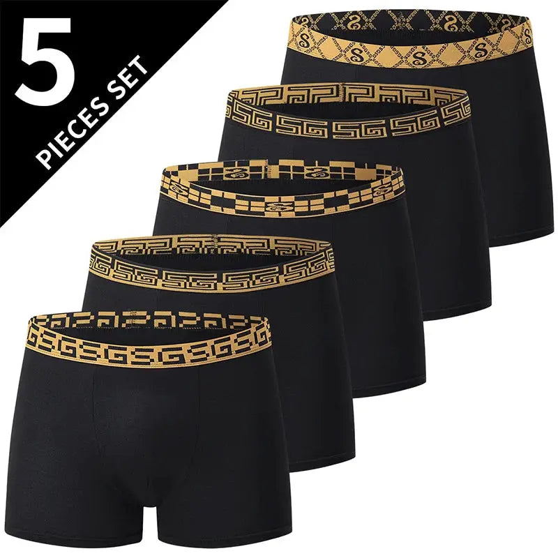 Men's 5-piece black boxer underwear set with gold geometric waistband patterns.