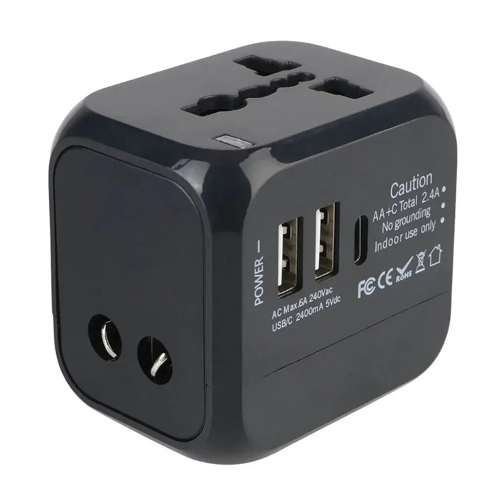 TravelMate All In One Wall Travel Charger Adapter With Worldwide Plugs And Universal US EU UK AU 2 USB Ports Type C