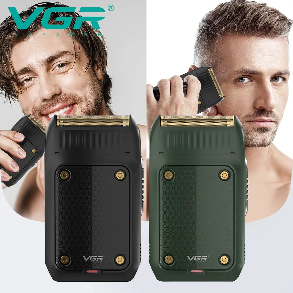 VGR 353 single-blade pro electric foil shaver, portable rechargeable razor; two units in black and green.