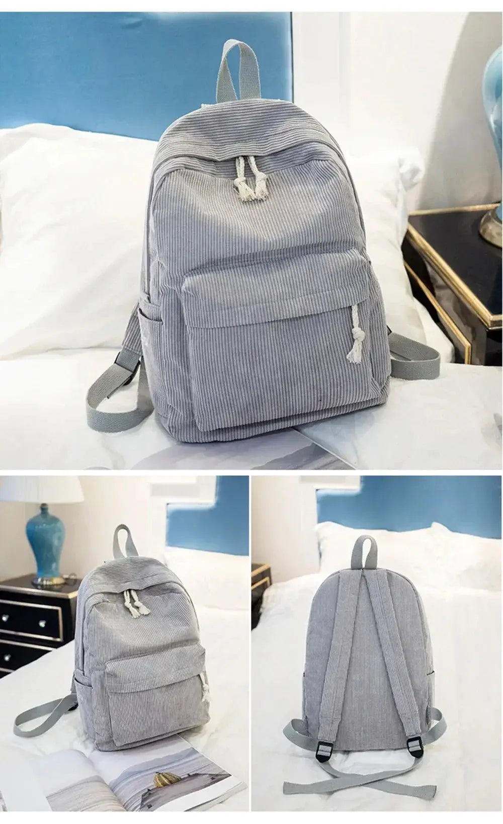 Personalized corduroy student backpack by Simples Market, gray unisex anti-theft campus bag with front pocket
