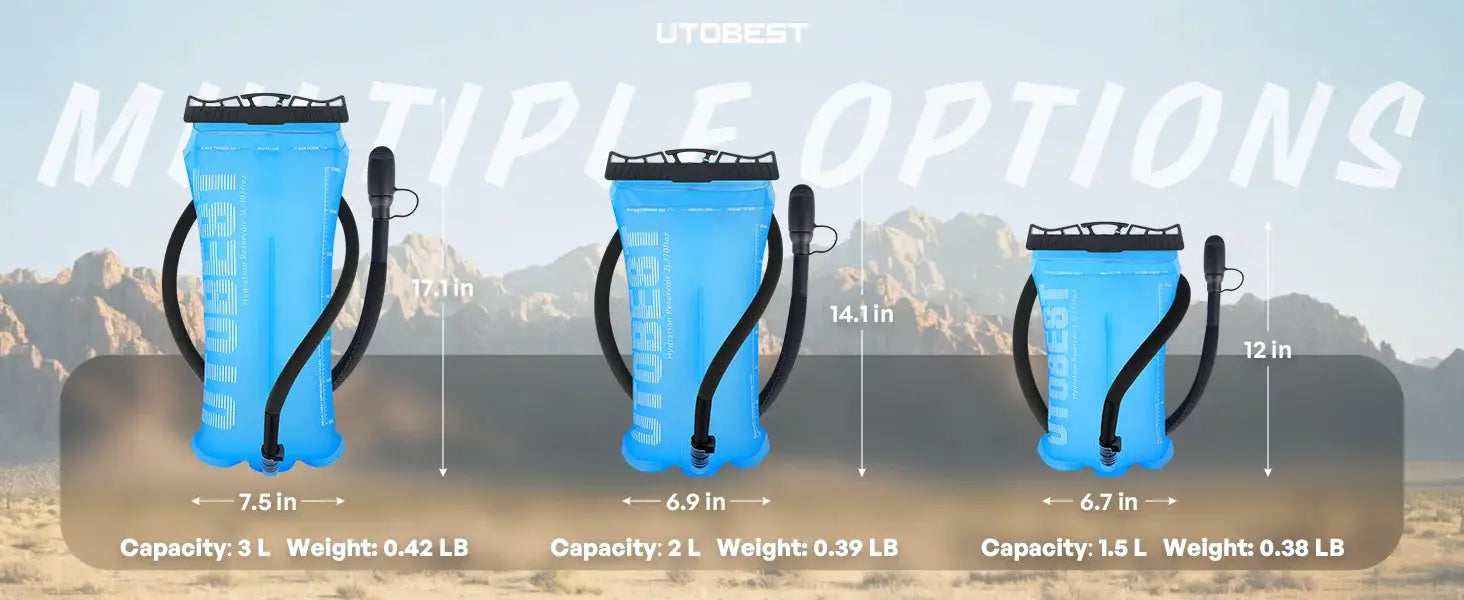 Three blue TPU water bladders hydration packs in 3L/2L/1.5L sizes with hoses, UTOBEST branding