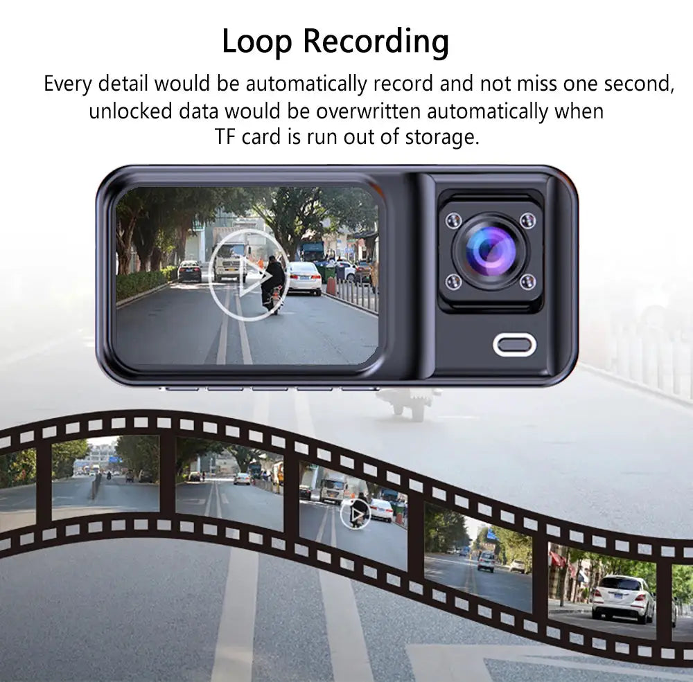 Simples Market 3-channel car dash cam, black body with front camera module and 1080P video recorder