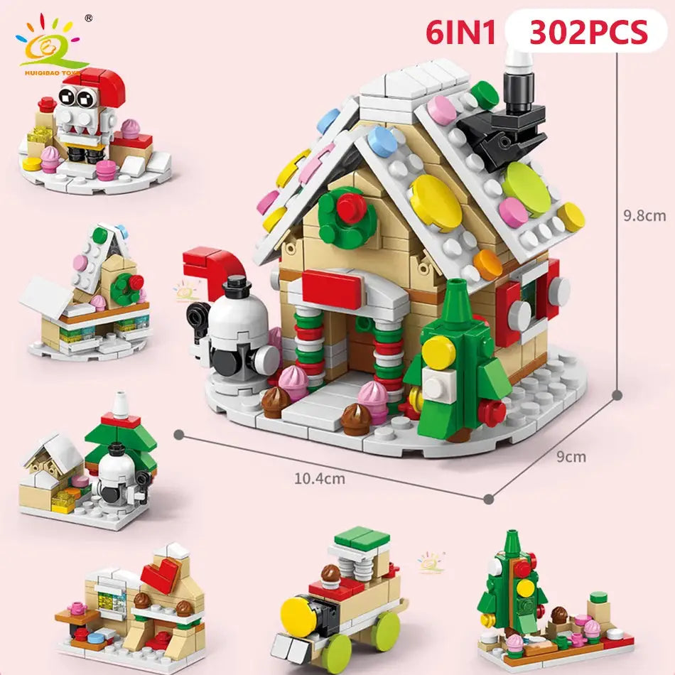 HUIQIBAO 6 In 1 Christmas Building Blocks Set Elk Deer Santa Claus Snow House Xmas Tree Bricks Toys for Children Gifts