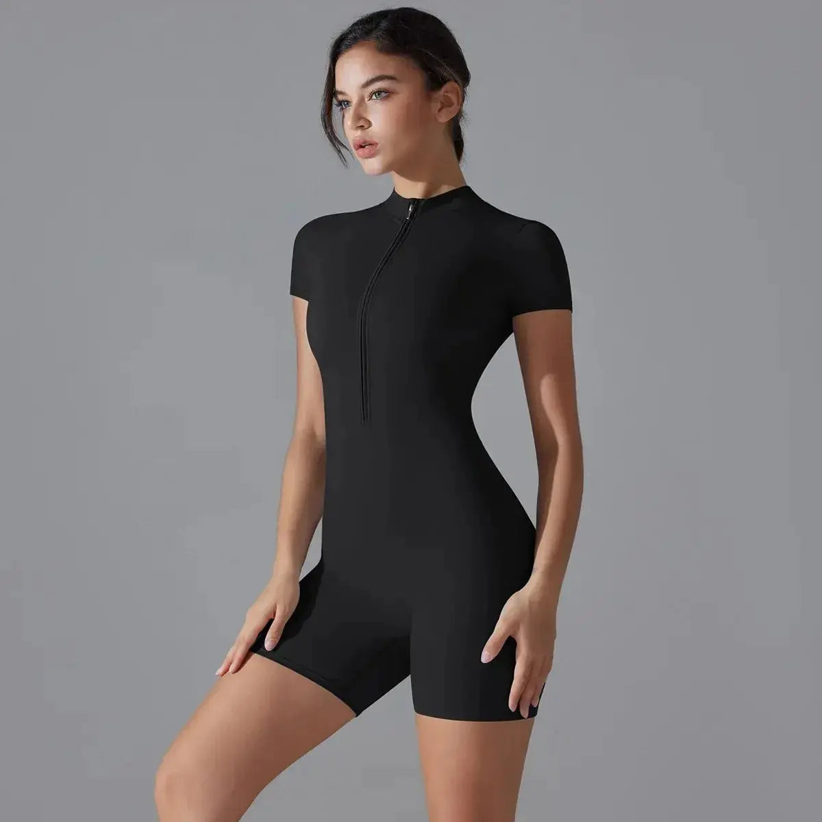 Women's Yoga Jumpsuit With Short Sleeves And Zipper Closure Summer Fitness Dancewear Slim Fit High Stretch