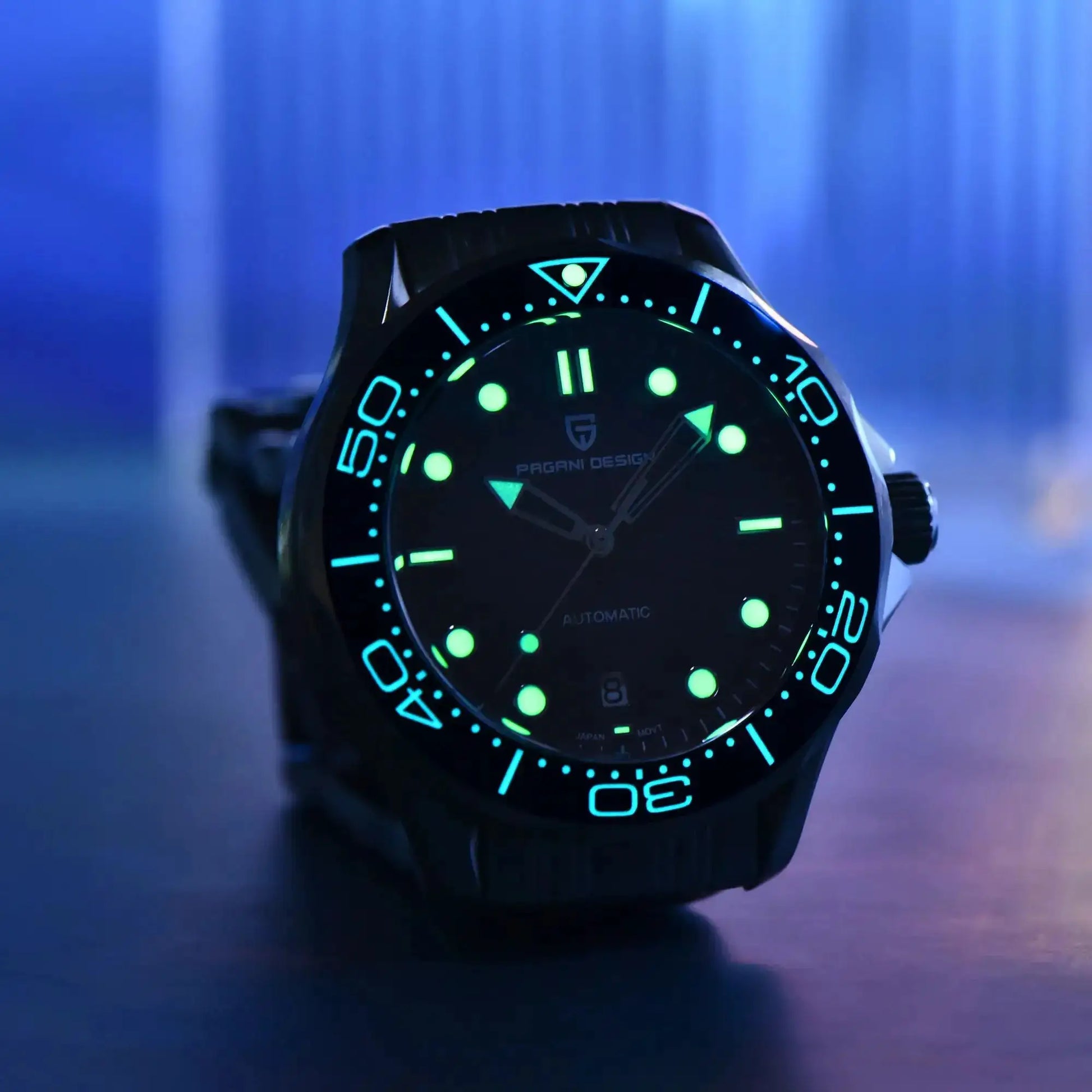 PAGANI DESIGN automatic men's watch with luminescent dial and bezel, sapphire crystal, black strap