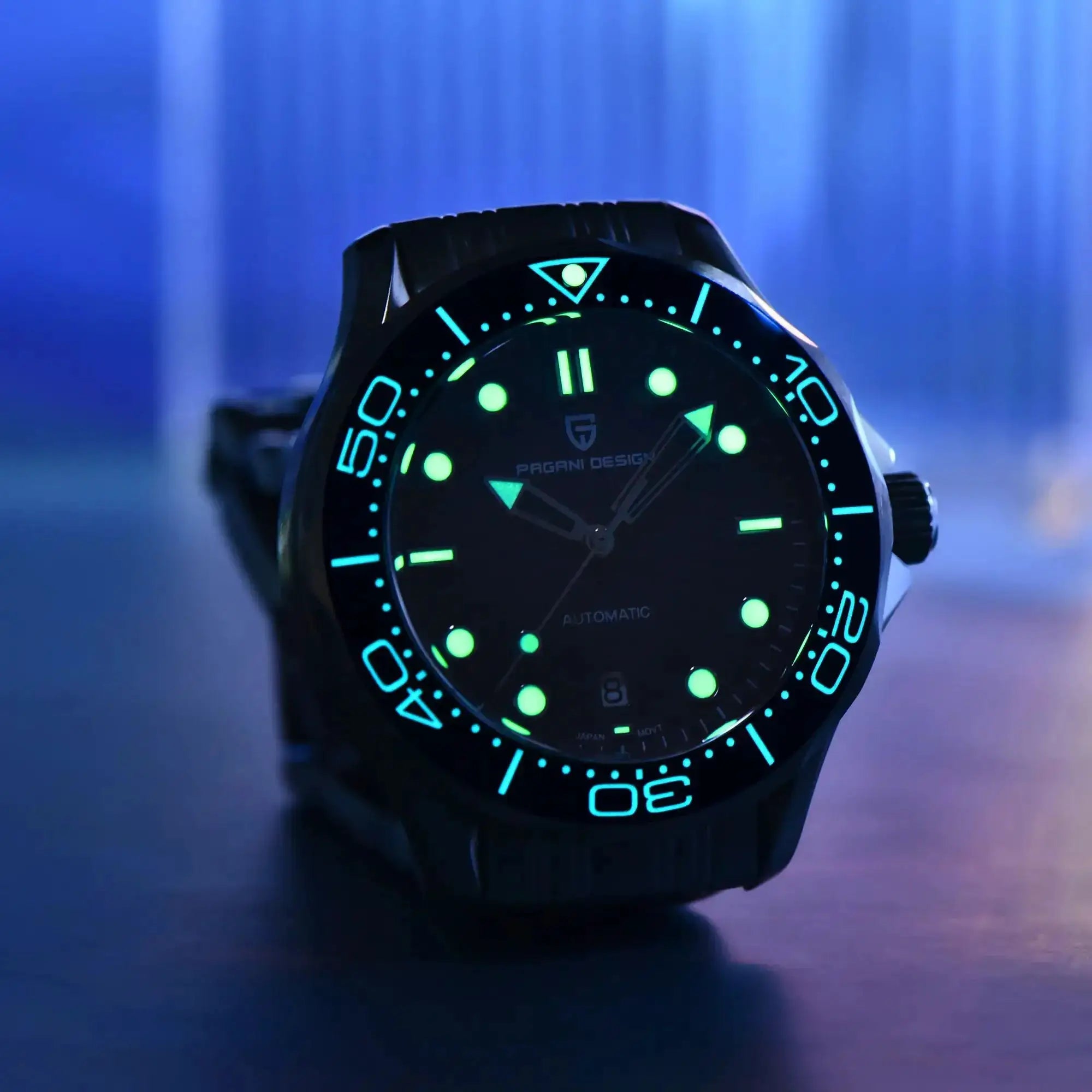 PAGANI DESIGN automatic men's watch with luminescent dial and bezel, sapphire crystal, black strap