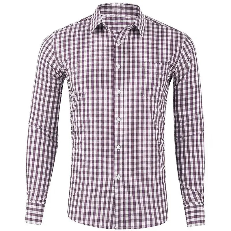 Men's long-sleeve purple and white plaid shirt with button front