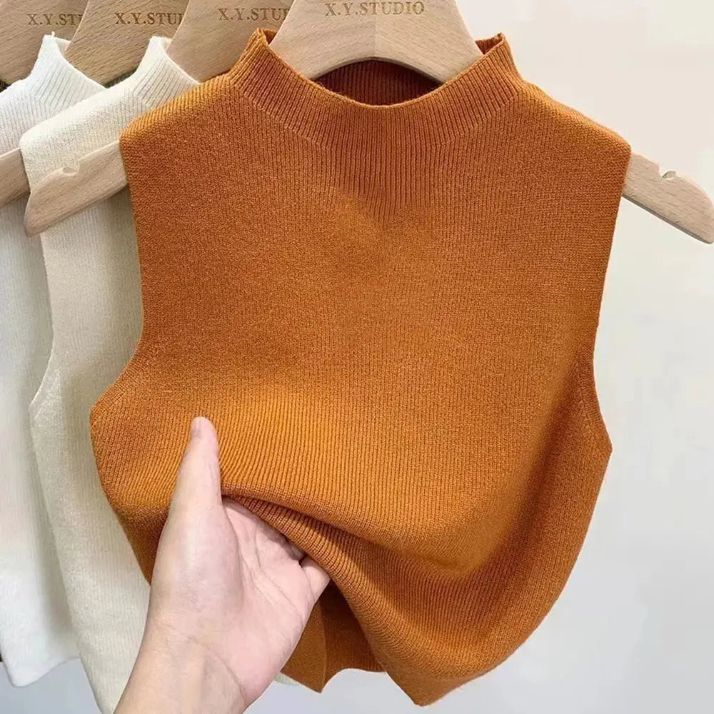 NovaWeave Womens Knit Vest Tank Top Cropped Solid Color Camisole With Half Turtleneck For Spring To Autumn