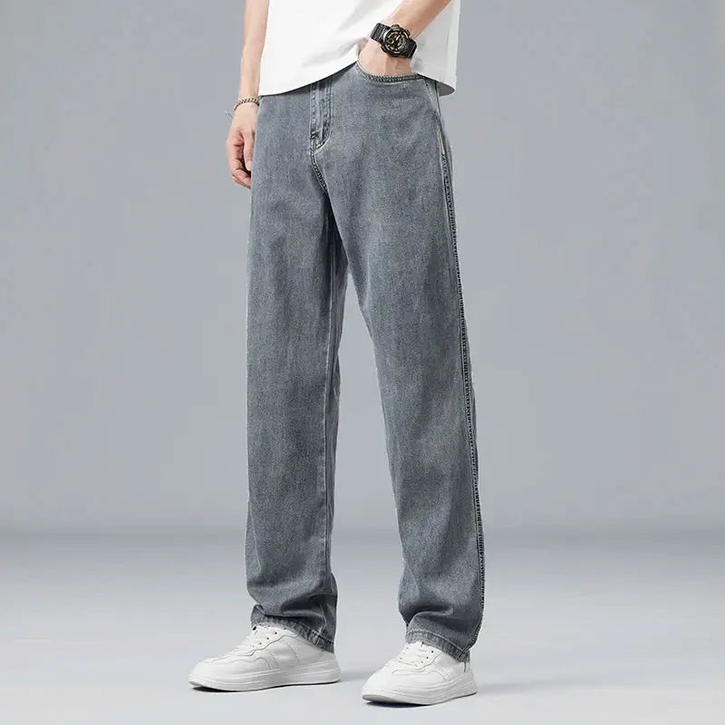 Men's lyocell jeans in light blue, loose straight casual denim pants