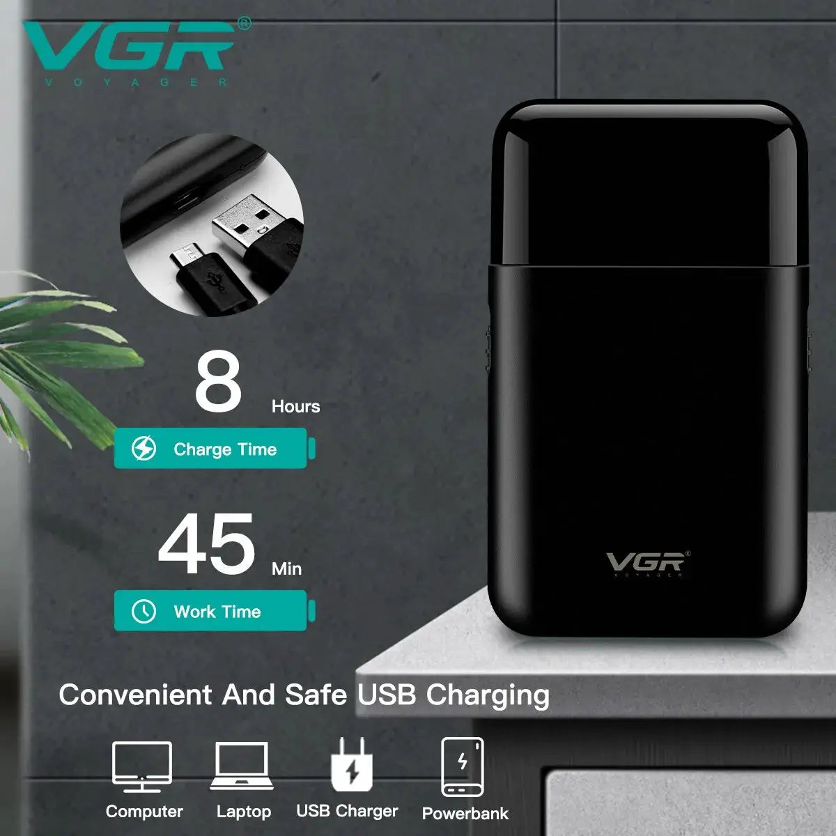 VGR electric shaver, black portable USB-charging beard trimmer by Simples Market