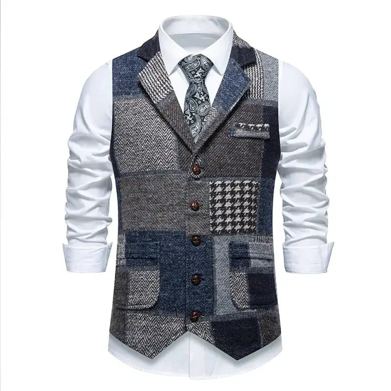 Simples Market men's patchwork tweed vest with green plaid and herringbone panels, wedding groomsmen waistcoat.