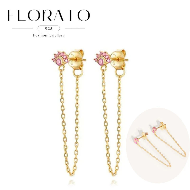 Florato 925 pink zircon pendant ear needle hoop earrings with gold-tone chain, pair