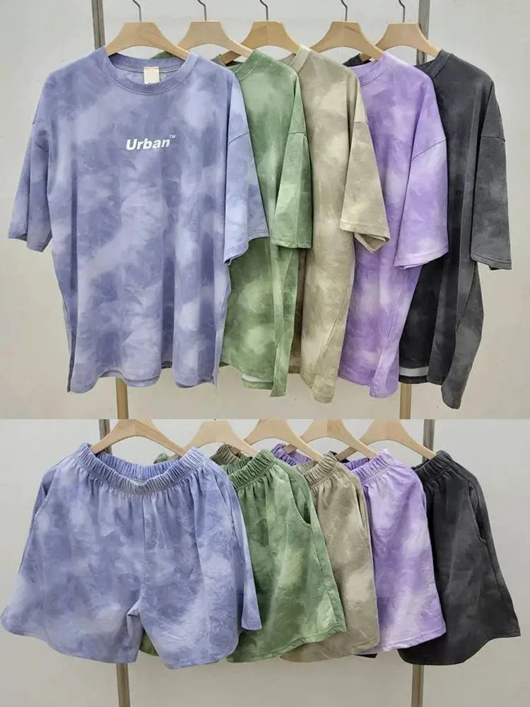 Women Tie Dye T Shirt And Wide Leg Shorts Set With Pockets Plus Size