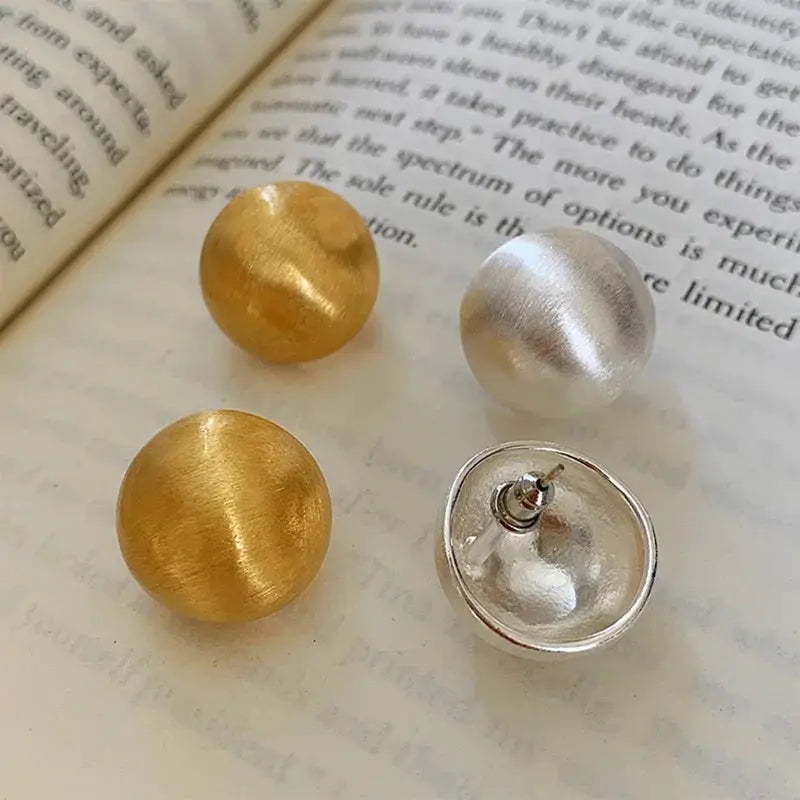 Brushed frosted metal ball stud earrings set, three pieces in gold and silver