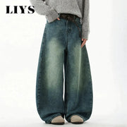 LIYS men's blue wide-leg denim pants with faded wash, loose-fit baggy jeans