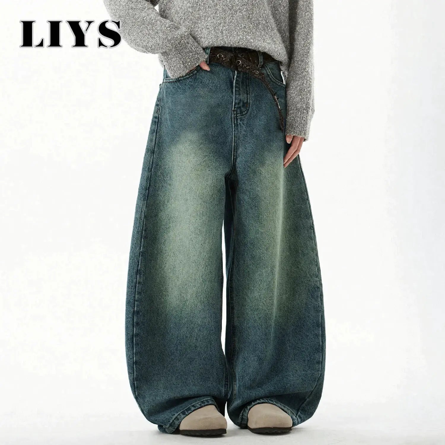 LIYS men's blue wide-leg denim pants with faded wash, loose-fit baggy jeans