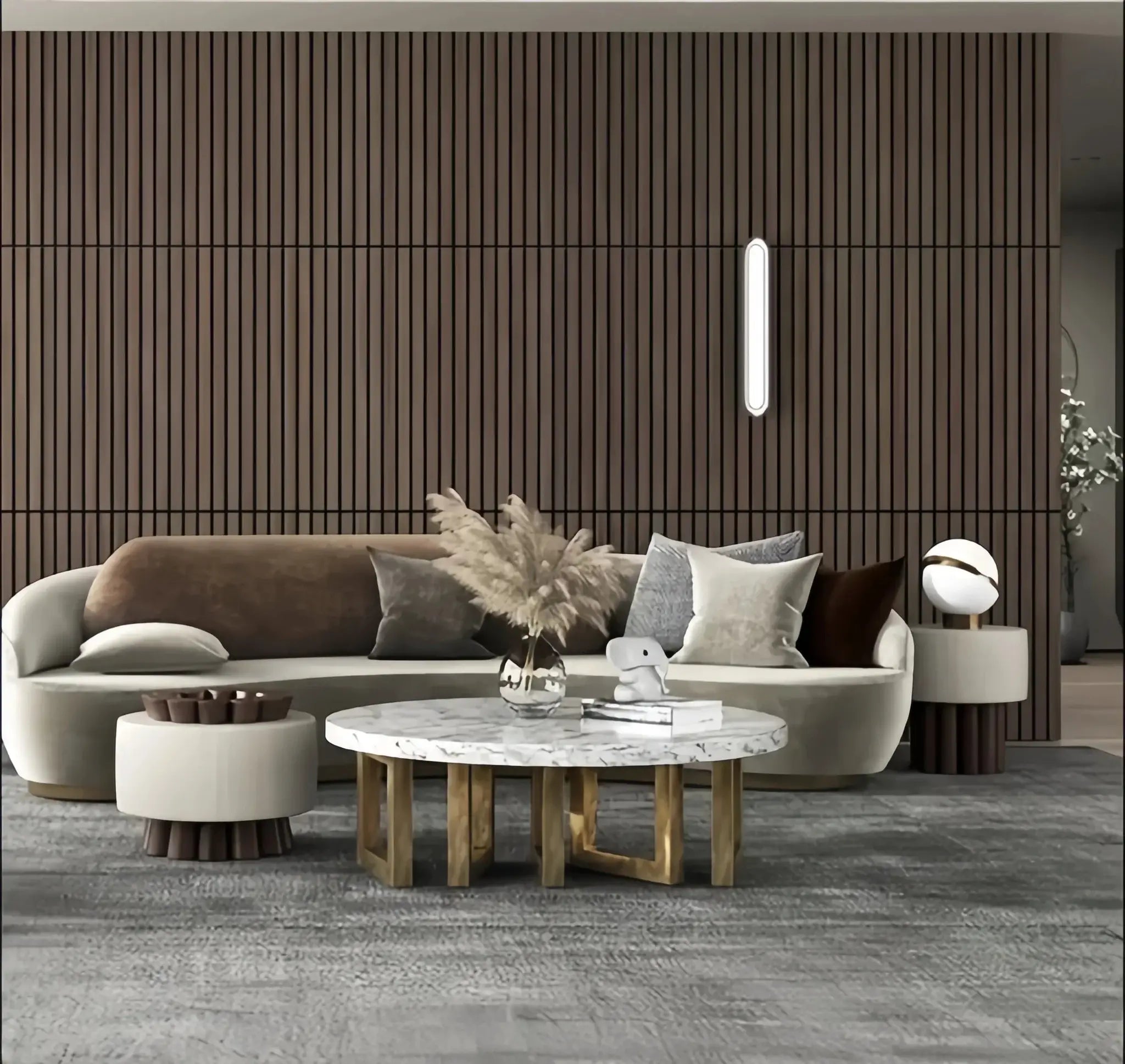 Faux wood grain grille self-adhesive wallpaper by Simples Market for vertical living room wall panels.