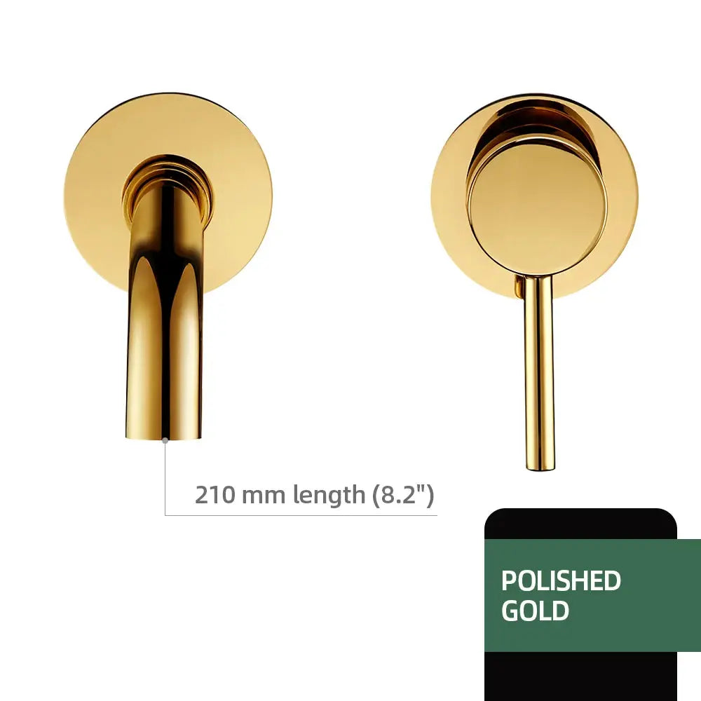 Polished gold basin wall-mounted faucet with single hot/cold handle, 210 mm length