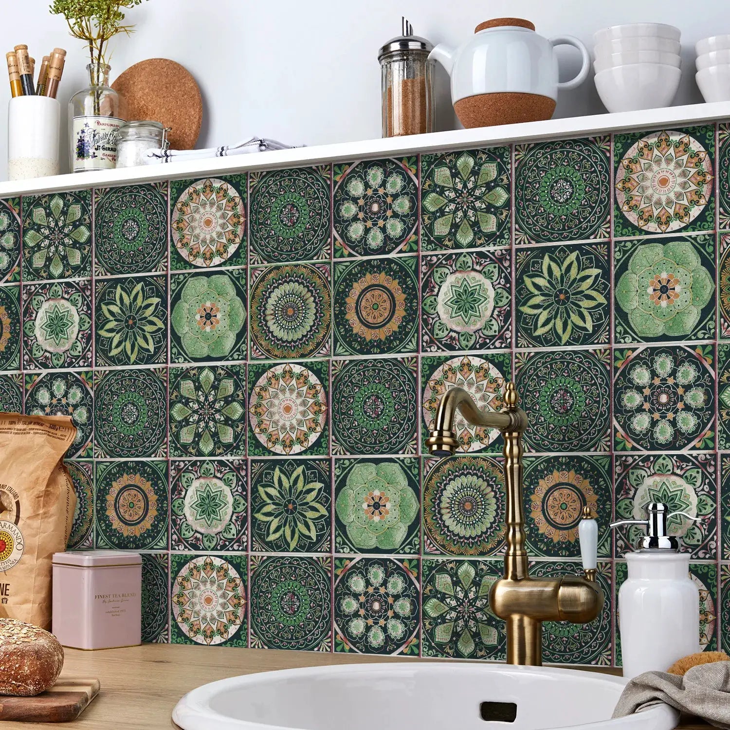 Simples Market 24pcs tile self-adhesive wall stickers; green mandala-pattern tiles for kitchen backsplash, waterproof