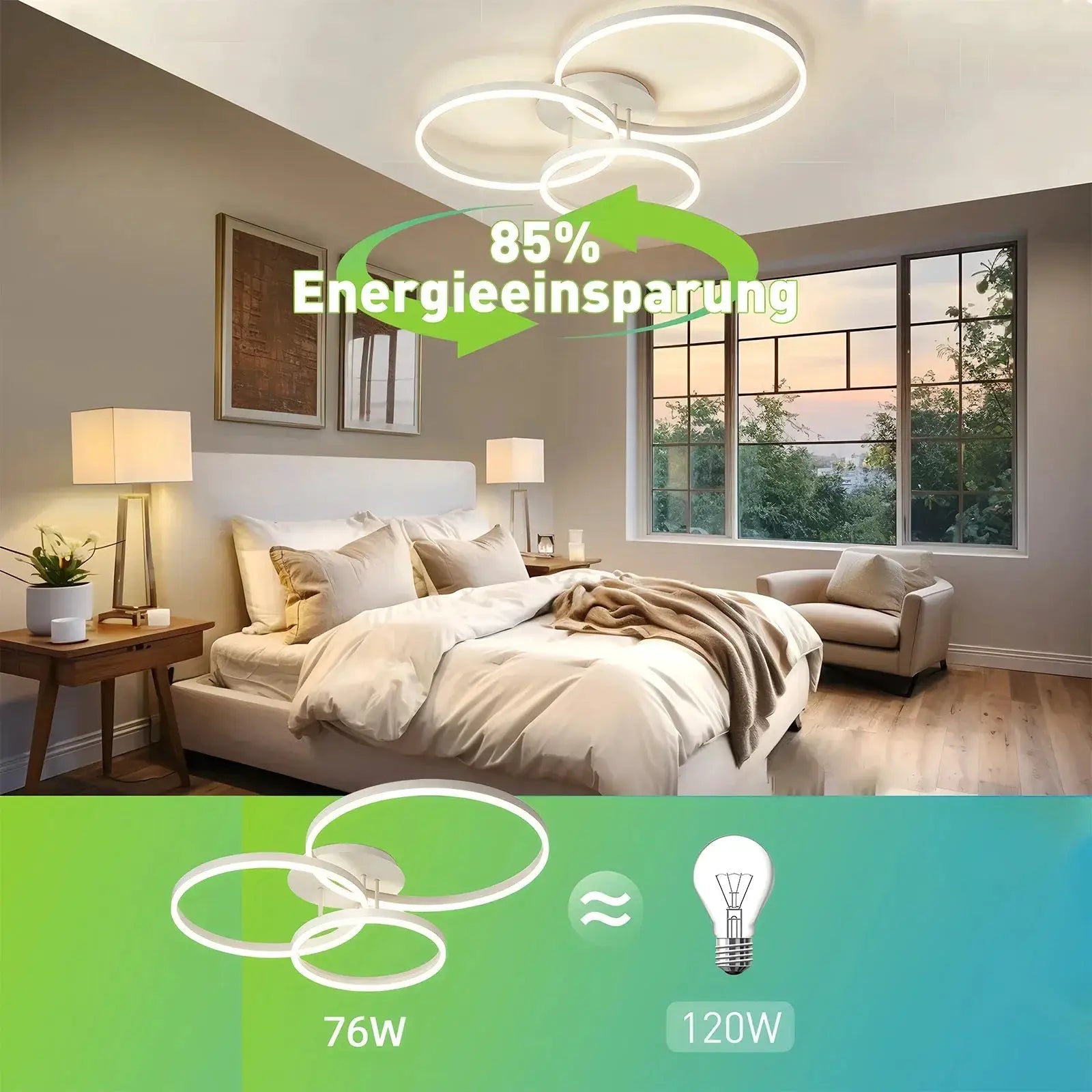 Smart ceiling chandelier by Simples Market with white circular LED rings and remote control