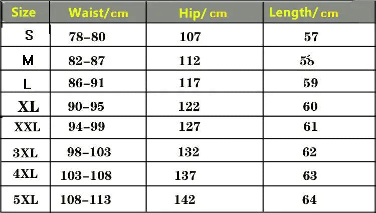Simples Market men's urban military cargo tactical shorts size chart showing waist, hip and length by size