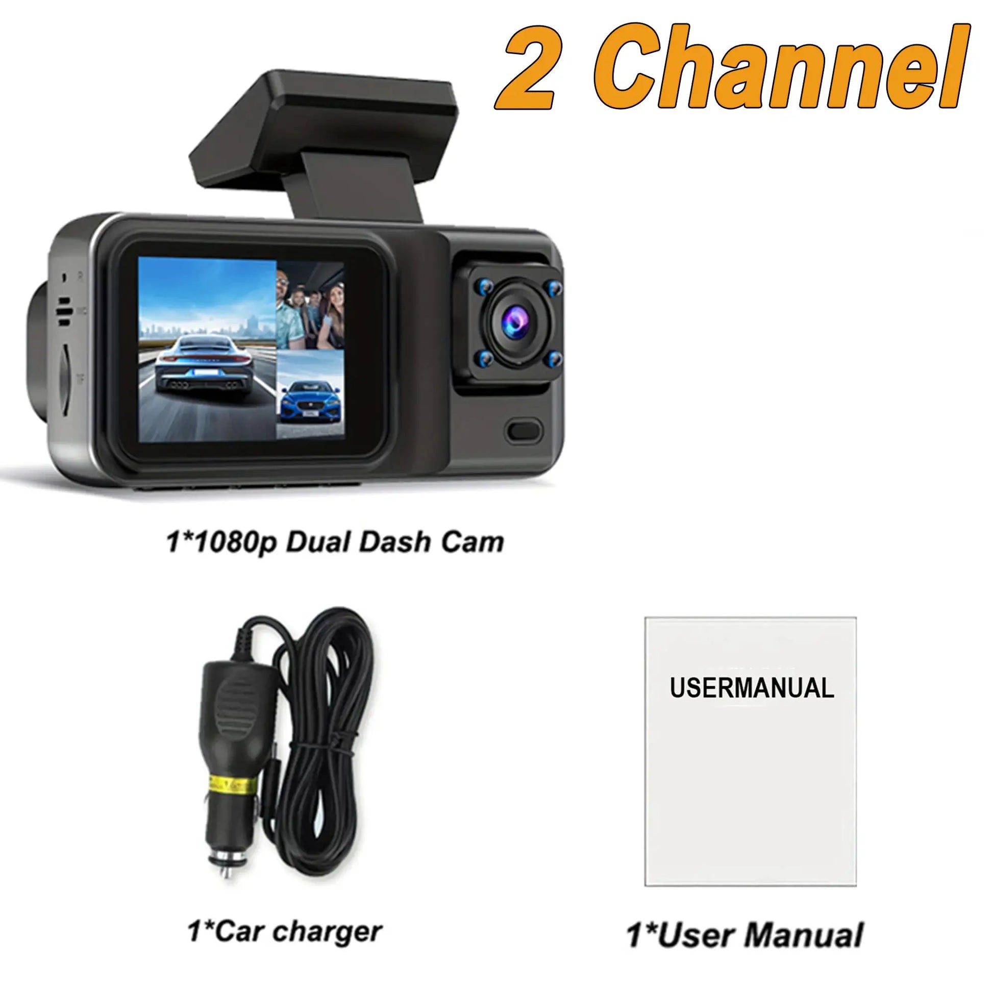 Simples Market 3-channel dash cam for cars, 1080p video, includes car charger and user manual