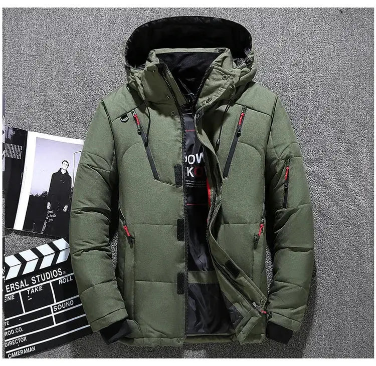 Men's olive green hooded down jacket, thick puffer with multiple zip pockets