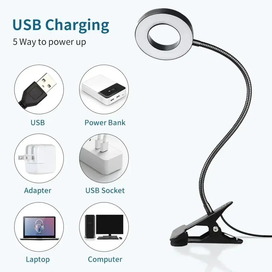 LED desk clip study lamp by Simples Market; black, flexible USB clamp lamp
