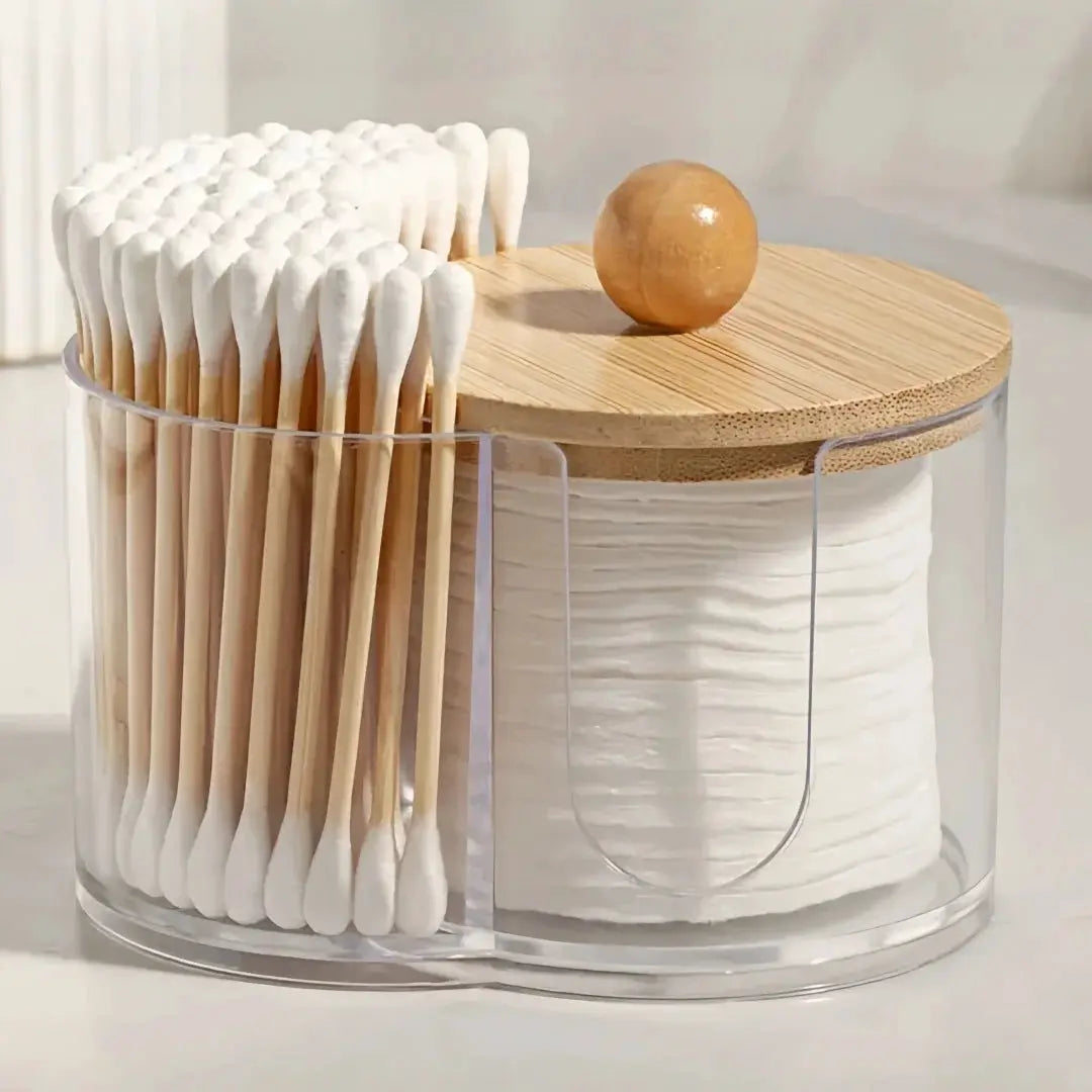 Clear Dual Compartment Cotton Swab And Cotton Balls Organizer For Bathroom Makeup Storage