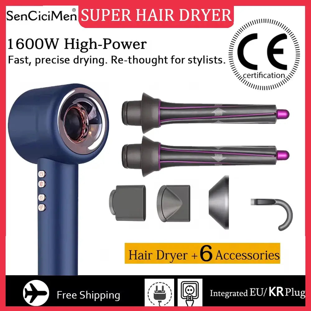 Simples Market Super Hair Dryer 1600W with 6 accessories, blue handle and attachments