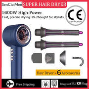 Simples Market Super Hair Dryer 1600W with 6 accessories, blue handle and attachments