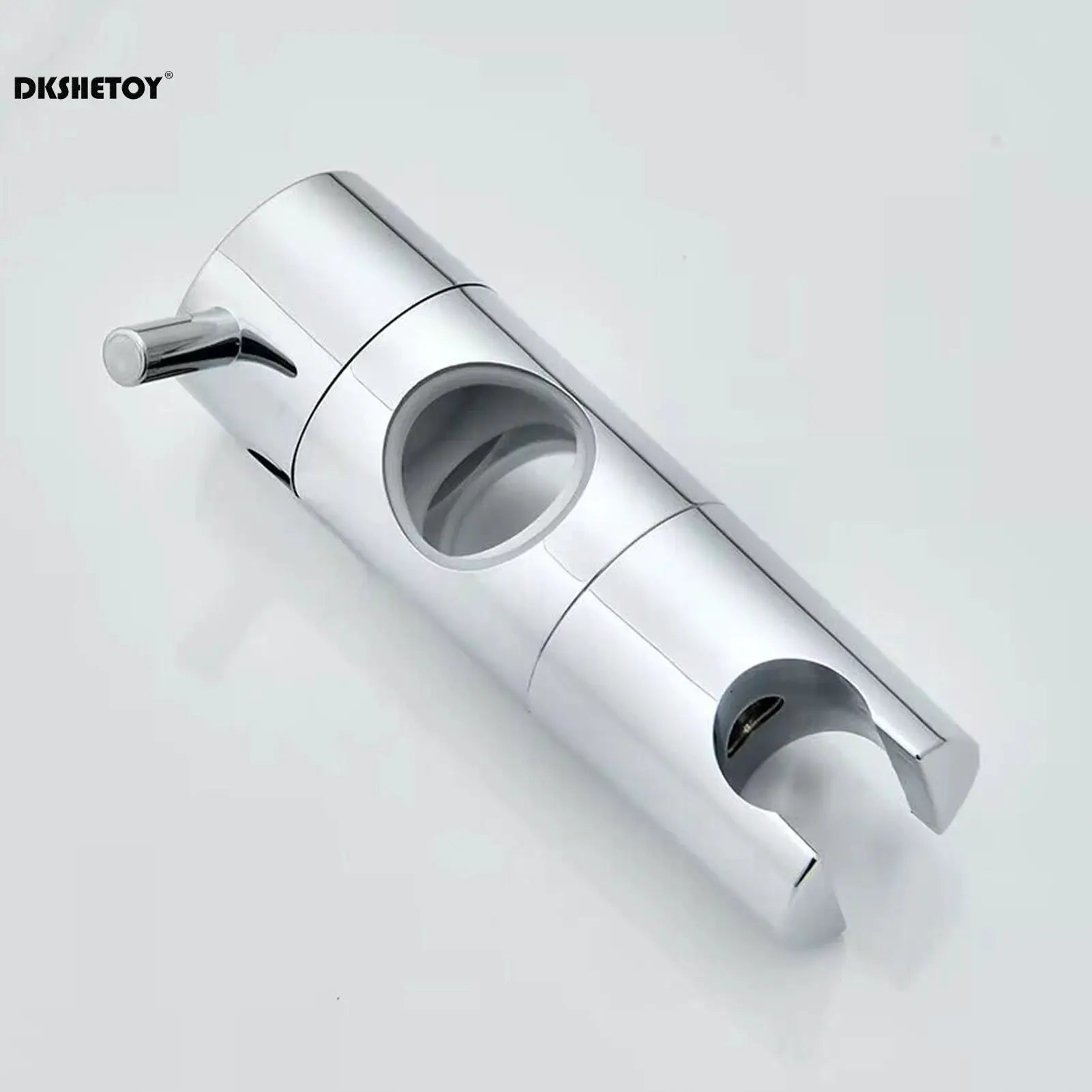Shower head holder clamp in chrome for 19–25mm shower heads; DKSHETOY logo visible