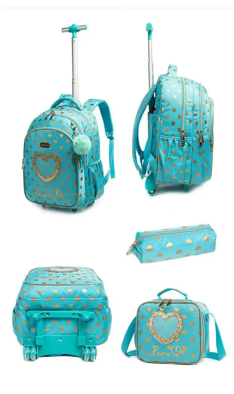 Simples Market children's wheeled backpack set in turquoise with gold heart pattern and heart emblem, includes lunch box.