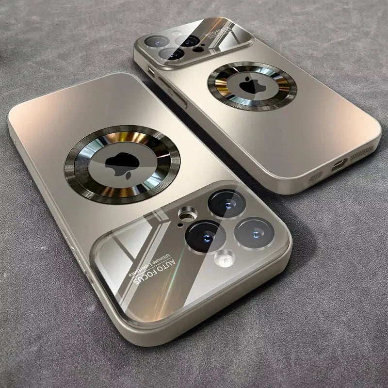 2-pack luxury glass MagSafe camera cases for iPhone 11-17 Pro Max, metallic silver, shockproof