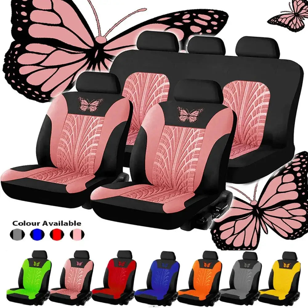 Car Seat Cover Full Set by Simples Market with pink butterfly embroidery, universal fit, 3-piece set; color options.