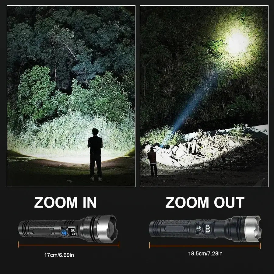 100000LM flashlight by Simples Market, rechargeable LED torch; outdoor waterproof long-range beam, two views