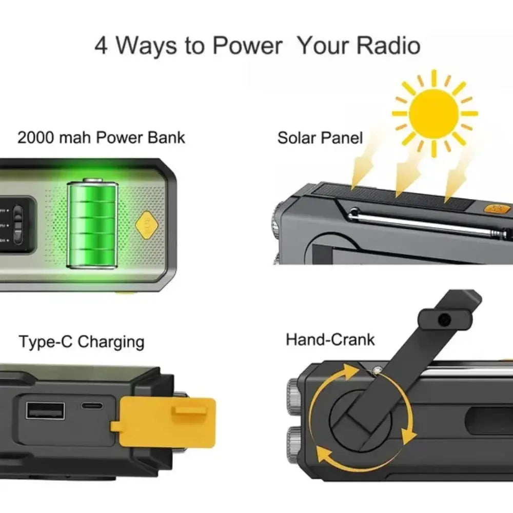 PulseGuard Solar Crank Emergency Radio With LED Flashlight NOAA Weather Updates 2000mAh Battery USB Charging