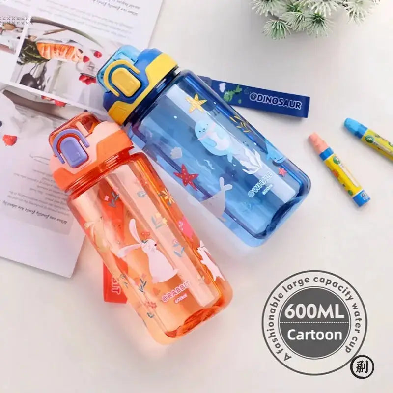 600ml Dinosaur Water Bottle For Kids Sippy Cup With Silicone Straw Leakproof Plastic Water Bottle Summer Kids Water Cup