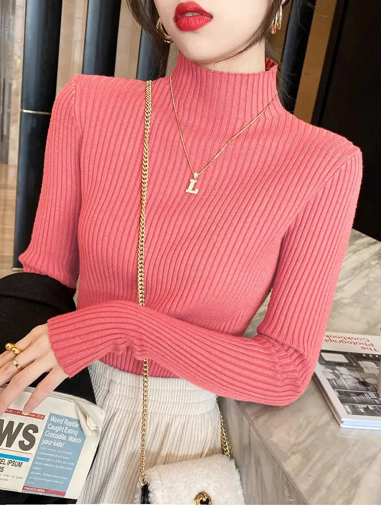 Elegant Solid Basic Knitted Turtleneck Sweater For Women Long Sleeve Slim Casual Pullover Korean Fashion Chic