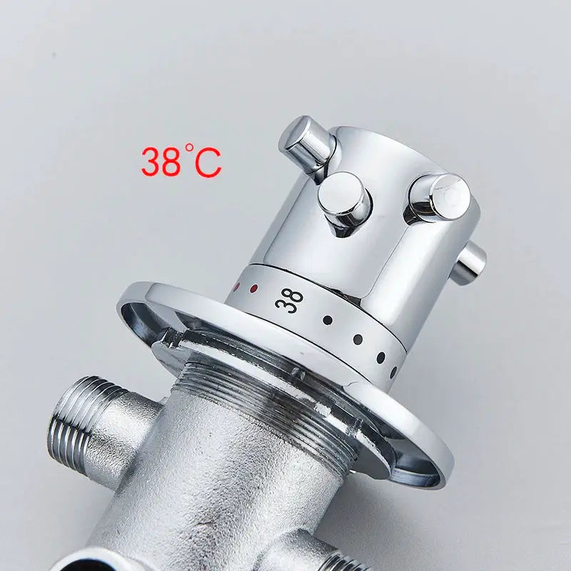 Brass thermostatic mixing valve with chrome finish and 38°C dial